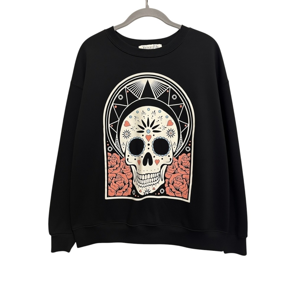 Wound Up Sweatshirt Women M Black Sugar Skull Rose Gothic Boho Pullover